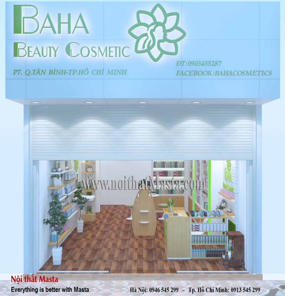 Mẫu thiết kế cửa hàng mỹ phẩm của chị Hằng tại quận Tân Bình